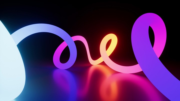 looping 3d animation. Neon spiral line glowing in the dark and reflected in a mirrored floor. Abstract synthwave motion. Multicolored ribbon with loops spins and rotates