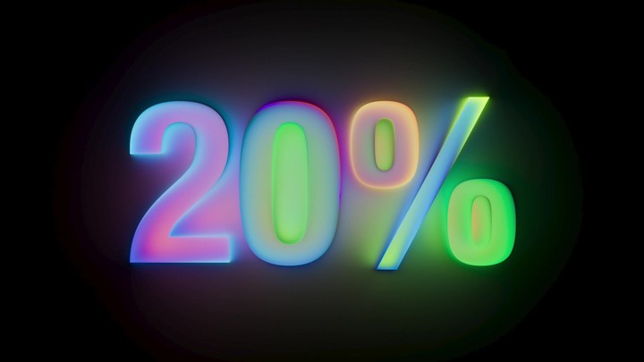 Neon 20% glows with a flowing gradient animation on black. Animated effect perfect for sales and discounts. 3D render motion.
