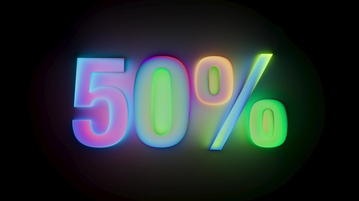 Neon 50% loops in a colorful animated design. Perfect for highlighting discounts and seasonal sales promotions. 3D render motion.