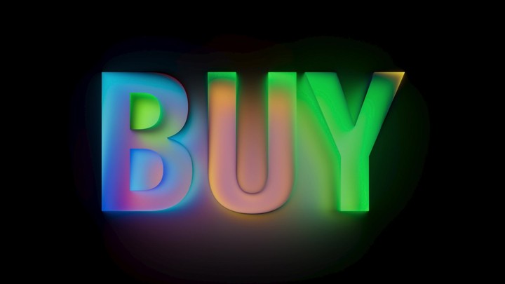 BUY in neon rainbow colors pulses and morphs in a lively animation. Advertisement loops for modern digital campaigns. 3D render motion.