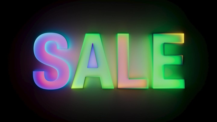 Neon SALE pulses with a gradient color loop on black. Animated text effect for online store and promotion banners. 3D render motion.