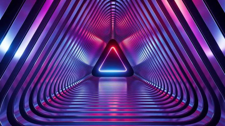 Seamless 3D animation of polished metallic frames dynamically twisting and forming a triangular tunnel.