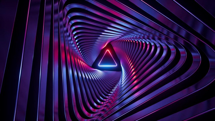 Seamless 3D animation of polished metallic frames dynamically twisting and forming a triangular tunnel.
