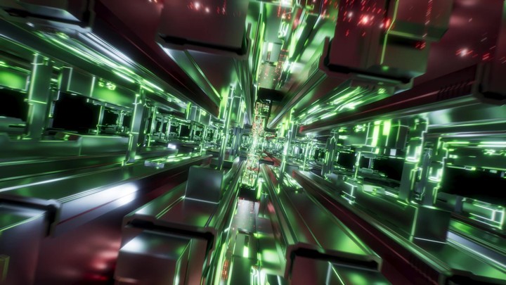 Symmetrical hi‑tech corridor streaks by with green neon rails and glassy reflections in an endless loop, like traveling inside a motherboard. 3d render video.