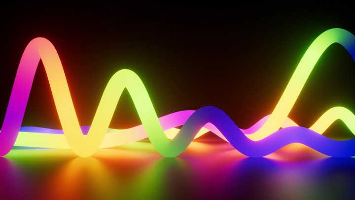 looping 3d animation of a multicolored neon waved lines, glowing in the dark and reflected in a mirrored floor. Retro futuristic sound equalizer. Abstract motion design of sliding gradient ribbons