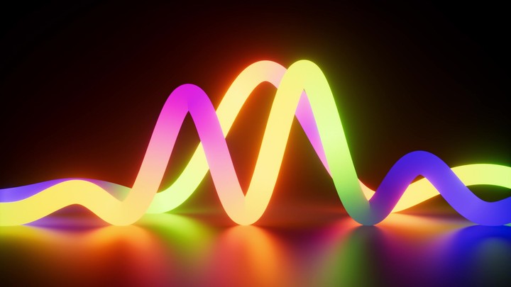 cycled 3d animation of a multicolored neon waved lines, glowing in the dark and reflected in a mirrored floor. Retro futuristic sound equalizer. Abstract motion design of sliding gradient ribbons