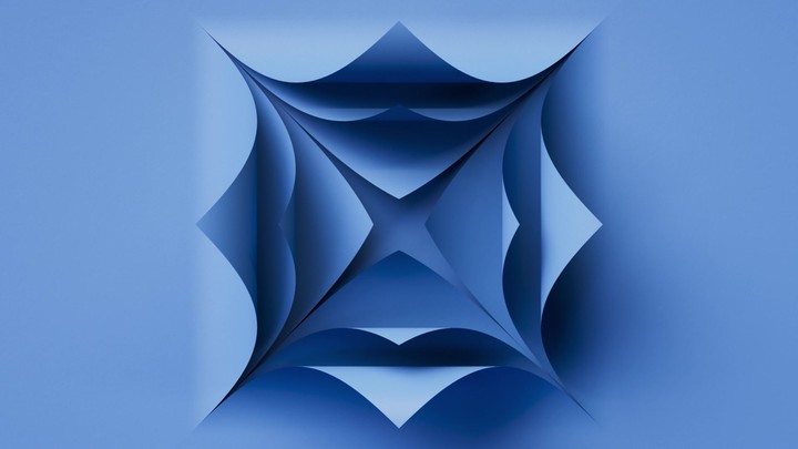 Abstract blue paper folds inward forming a geometric star as corners curl in a clean studio clip. Minimal background for design and branding. 3d render animation.