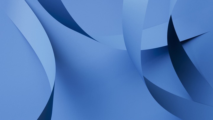Multiple blue ribbons of paper sway and curl in parallel, creating rhythmic shadows and depth. Seamless abstract loop for brand visuals. 3d render animation.