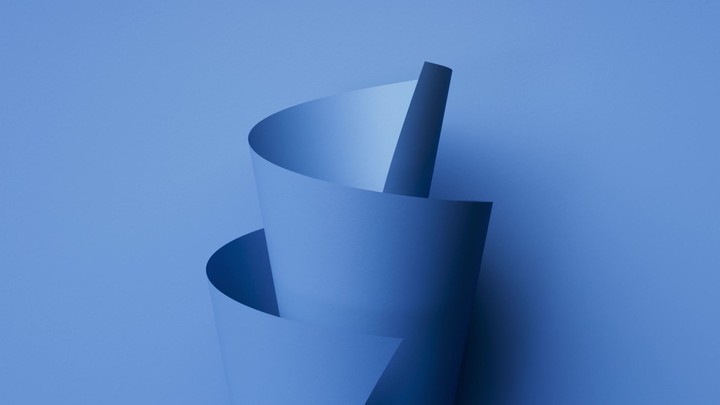 Tall spiral of blue paper grows upward as edges curl and unwrap with gentle motion. Sophisticated loop for titles and product frames. 3d render animation.