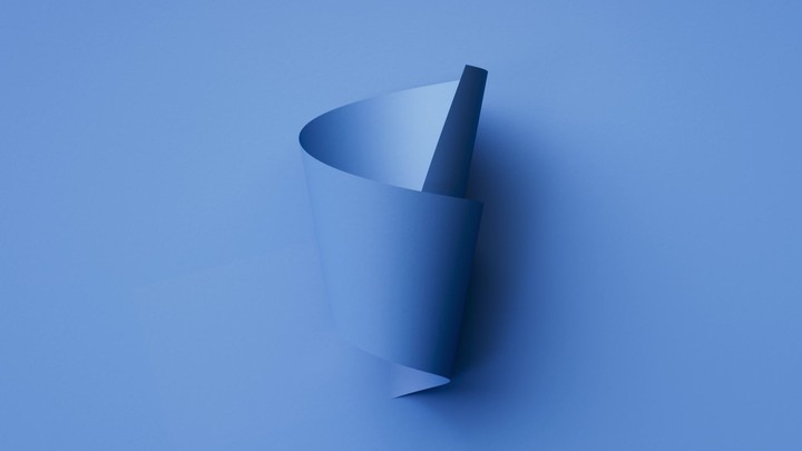 A conical roll of blue paper tilts and breathes subtly while corners flex. Smooth looped background with sculptural shadows. 3d render animation.
