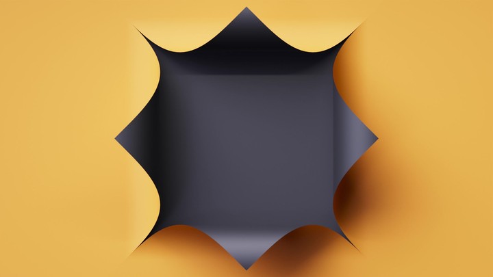 Yellow sheet tears inward to a dark core as curled edges reveal black underside. Graphic geometric reveal for design, branding, and motion backgrounds. 3d render motion.