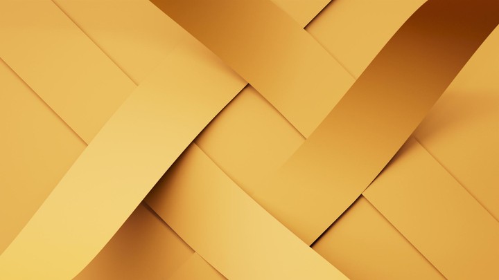 Interwoven strips of yellow paper slide and overlap as corners lift to show black. Clean architectural motion background with graphic depth. 3d render motion.