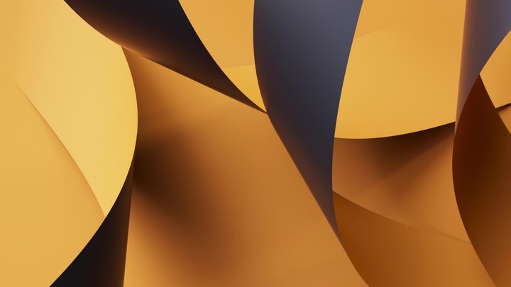 Multiple ribbons of yellow paper twist and curl with flashes of black reverse, creating rhythmic shadows. Seamless abstract loop for design. 3d render motion.