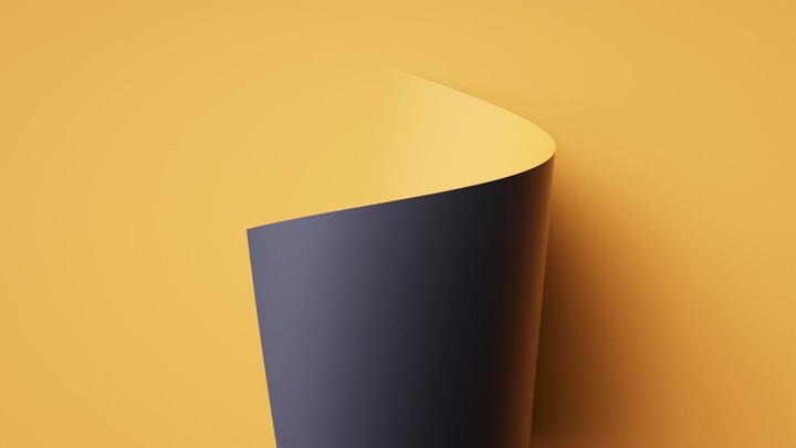 Cylindrical curl forms from a yellow sheet; the black side wraps inside, turning slowly. Calm, high‑contrast loop for modern layouts. 3d render motion.