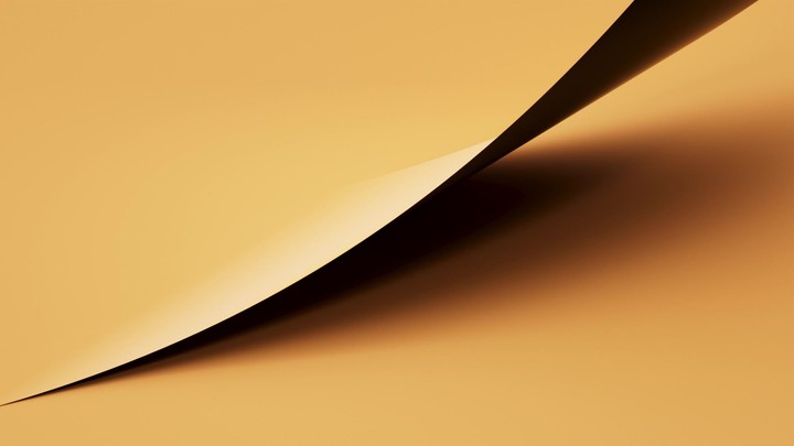 Wide curl sweeps across frame; a yellow sheet bends to reveal black underside and soft shadow. Seamless loop for clean branding. 3d render motion.