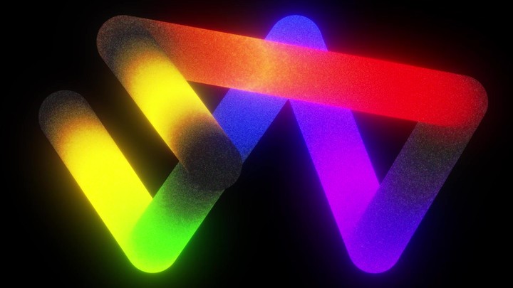 Looping animation of a neon line forming a playful squiggle. Colorful gradient stroke in motion, 3D rendering with a retro film grain effect.