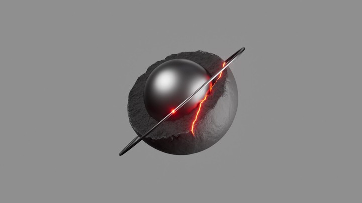 Red neon laser scanning a geometric composition of black stone and metallic ball. Futuristic 3D render motion with glowing light effect and dark minimalistic aesthetic.