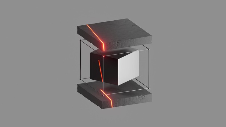 Red neon laser scanning a geometric composition of black stone blocks. Futuristic 3D render motion with glowing light effect and dark minimalistic aesthetic.