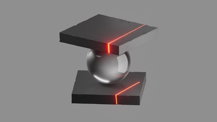 Abstract minimalist composition of geometric objects: ball clamped between two levitating concrete blocks. Illuminated with red neon light laser.