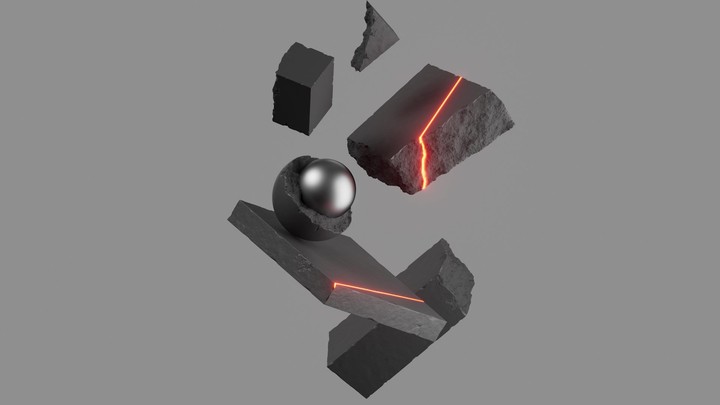 Red neon laser scanning a geometric composition of black stone blocks. Futuristic 3D render motion with glowing light effect and dark minimalistic aesthetic.