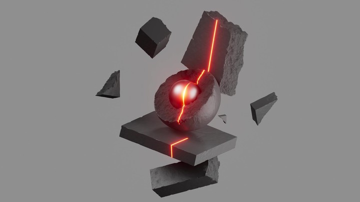 Red neon laser scanning a geometric composition of black stone blocks and metallic ball. Futuristic 3D render motion with glowing light effect and dark minimalistic aesthetic.