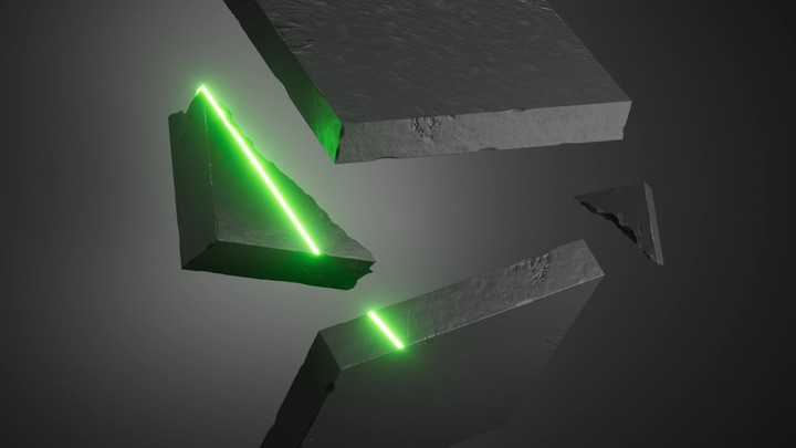 Green neon laser scanning a geometric composition of black stone blocks. Futuristic 3D render motion with glowing light effect and dark minimalistic aesthetic.