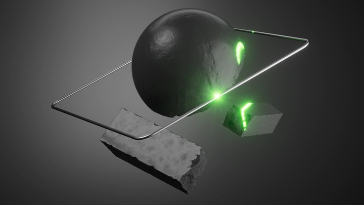 Green neon laser scanning a geometric composition of black stone and metallic frame. Futuristic 3D render motion with glowing light effect and dark minimalistic aesthetic.