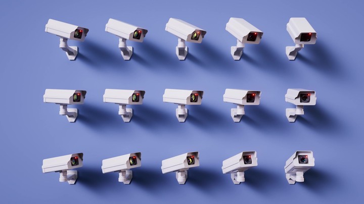 cycled 3d animation. Multiple security cameras synchronously turn same direction and record. Metaphor of total control. Monitoring concept. Paranoid obsession with security