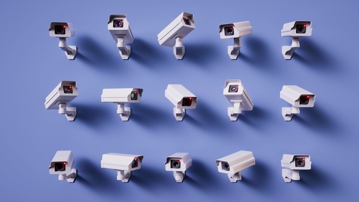 cycled 3d animation. Multiple security cameras randomly turn different directions and record. Metaphor of total control. Paranoid obsession with security