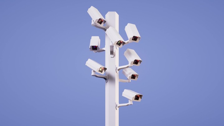 looped 3d animation. Multiple surveillance cameras mounted on a pole, randomly rotate and record video. Paranoid obsession with security