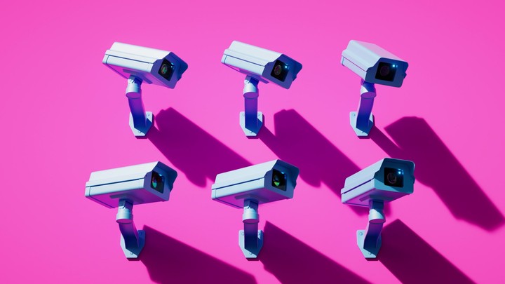 looped 3d animation. Multiple security cameras mounted on pink wall, synchronously turn both sides and record. Metaphor of total control. Video monitoring