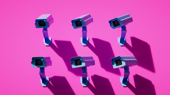 looping 3d animation. Multiple surveillance cameras mounted on pink wall, synchronously rotate same direction and record. Metaphor of total control. Security monitoring