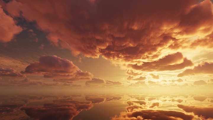 animated 3d background. Golden clouds in the sunset sky slowly floating above the serene water. Timelapse of sunrise sky above the sea in 4K. Golden hour