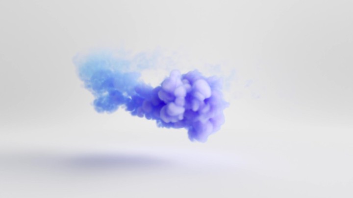 3D animation. Blue smoke cloud swirls chaotically on a white background, eventually dissolving and fading away. Fantasy morphing effect