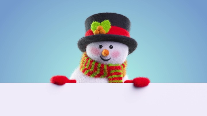 3D wool‑felt snowman in a top hat cheerfully peeks over a white banner and smiles in a clean studio clip. Playful holiday reveal for promos and ads.