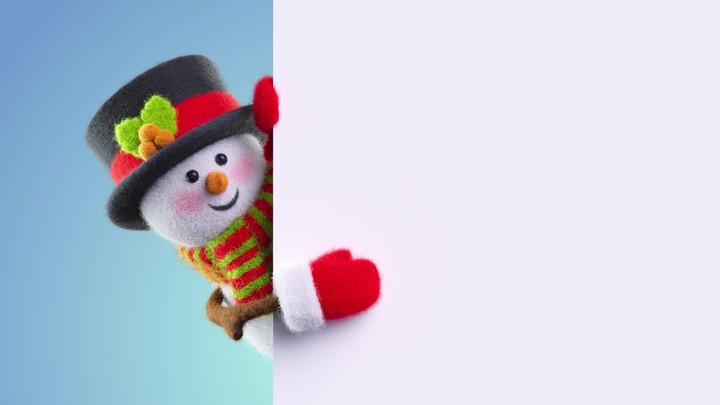 Playful 3D wool‑felt snowman slides in from the side, peeks around the banner, and grins at camera in a clean studio loop.