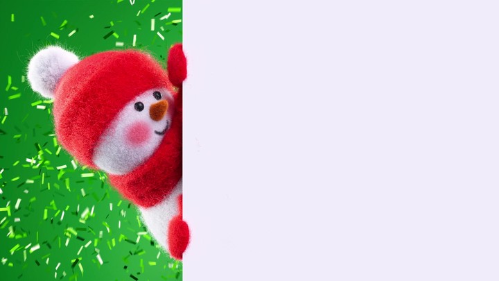 Smiling felted snowman slides out from the banner edge and waves while confetti bursts behind on bright green. Festive greeting motion.