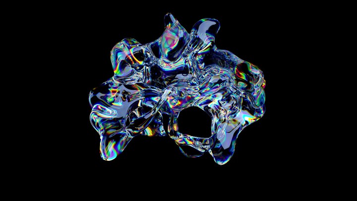 An abstract form resembling glass splashes spins around its axis, bending and refracting light. Visual animation with light dispersion effect.