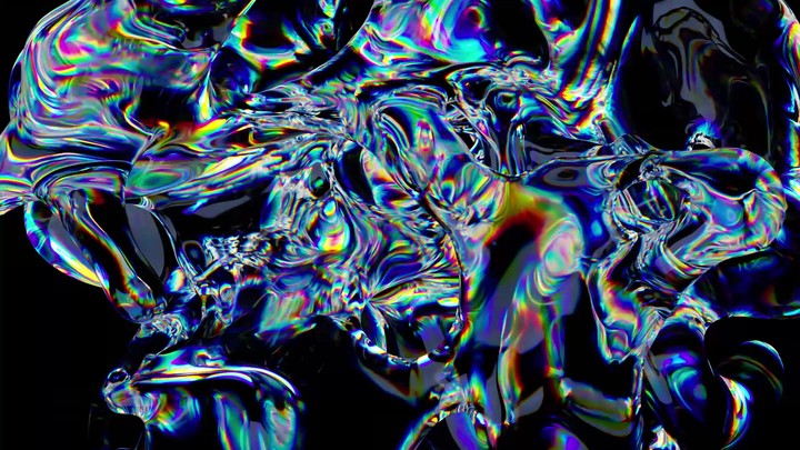 An abstract form resembling glass splashes spins around its axis, bending and refracting light. Visual animation with light dispersion effect.