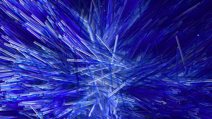 3D animation of blue glass rods standing in a regular order, suddenly falling chaotically and hitting each other. Epicenter concept. Top perspective view
