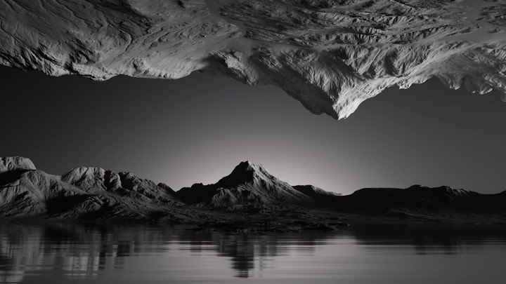 abstract animated 3d background. Unique fantastic landscape of gap between the rocky mountains reflecting in calm water. Minimalist monochrome background