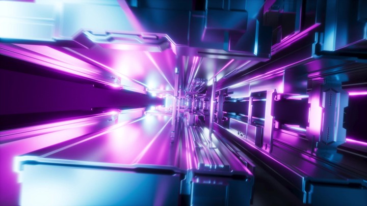 Cool violet tunnel streaks with prism reflections in an endless point of view rush, ideal for tech promos and UI overlays. 3d render video.