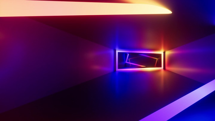 Looping 3D animation. Abstract geometric background. Rectangular frames glow with neon gradient light inside endless tunnel. Motion design. Camera moves forward through the long corridor