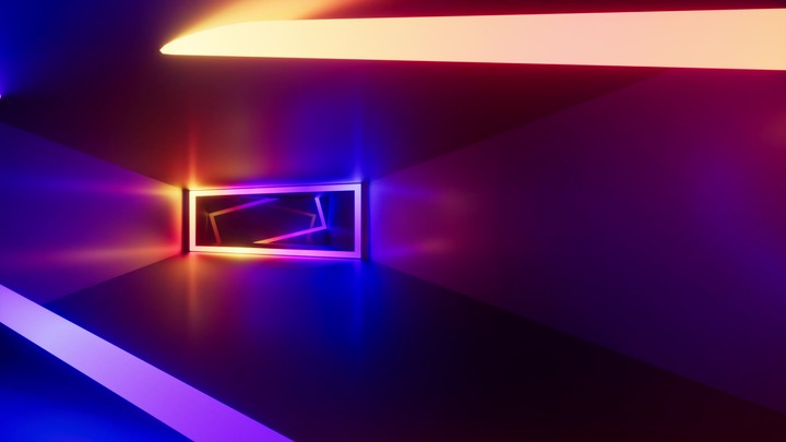 Looping 3D animation. Abstract geometric background. Rectangular frames glow with neon gradient light inside endless tunnel. Minimalist motion design. Camera moves backward through the long corridor
