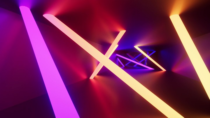 Looping 3D animation. Motion design of abstract geometric background. Chaotic diagonal lines and stripes glow with neon gradient light inside endless tunnel. Camera moves forward through the corridor