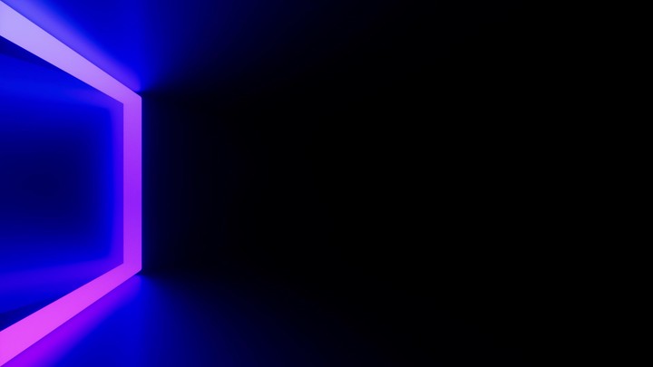 Looping 3D animation. Glowing neon rectangular frames appear and slide in the dark tunnel. Camera moves forward through the endless corridor. Abstract geometric background