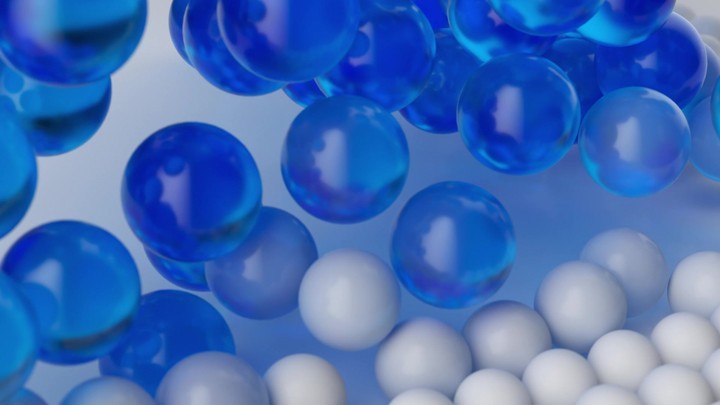 3d video. Abstract animated background. White balls change color to blue, transform into glass bubbles and fly away from left to right. Innovative science