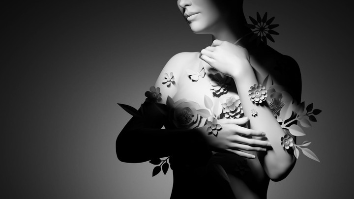 3D animation of rotating white female mannequin decorated with paper flowers. The silhouette of a woman in contrast light isolated on grey background. Animation of smooth camera and light movement