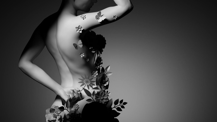 3D animation of a white mannequin decorated with paper flowers. Spinning silhouette of a woman back in contrast light isolated on grey background. Animation of smooth camera and light movement