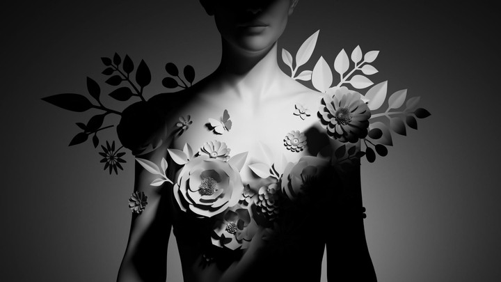 3D animation of rotating female mannequin. Woman silhouette in contrast light isolated on grey background. Fashionable wedding dress decorated with paper flowers. Smooth camera and light movement